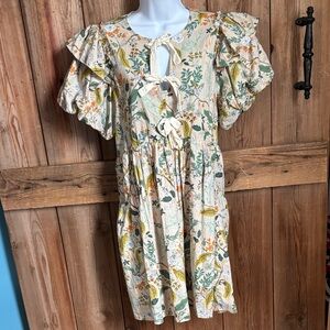 entro Cream Floral Tie-Front Midi Dress with Green and Yellow Print